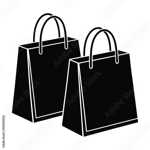 Two solid black shopping bags with handles presented side by side in a simple graphic representation