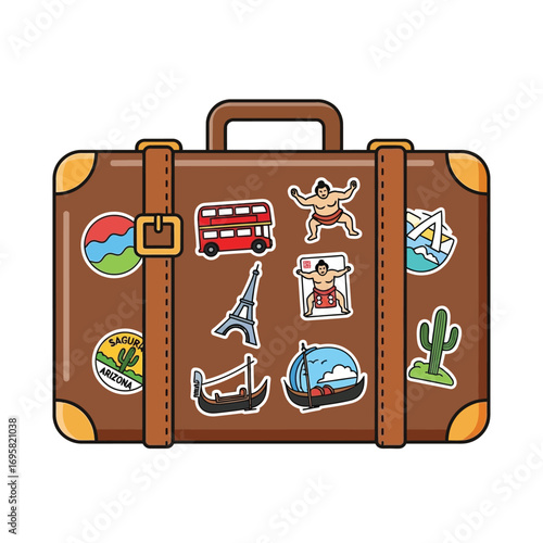 Vintage Suitcase with Travel Stickers: World Adventure adorned diverse