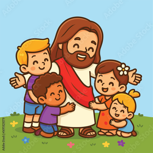 Jesus with children vector cartoon illustration