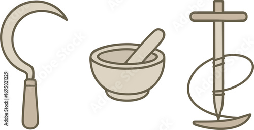 Hand tools sickle mortar and pestle and gyroscope line icons