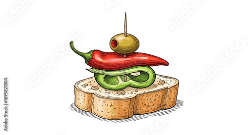 Delicious traditional spanish appetizer food illustration with fresh ingredients and toothpick topping