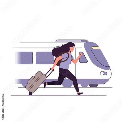 Woman Running to Catch Train, Travel Vector Illustration rushing theme