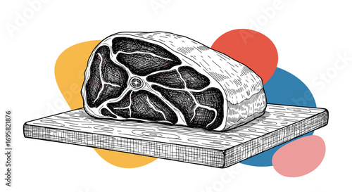 An artistic drawing of a large raw meat cut resting on a textured wooden board surrounded by colorful abstract shapes