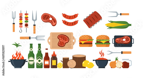 Delicious barbecue food and grilling essentials featuring meat burgers corn ribs and skewers for outdoor cooking fun