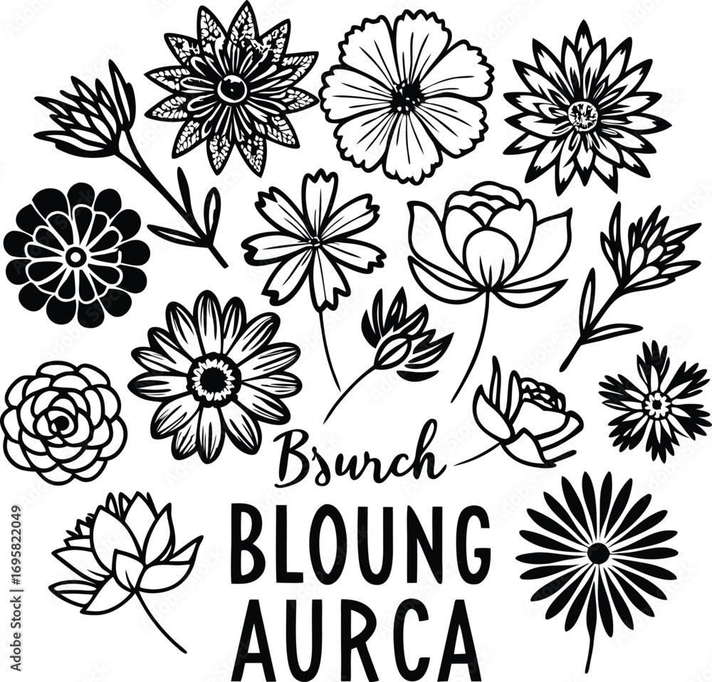 Fototapeta premium Hand Drawn Floral Elements with Text Elements in Black and White Keywords: flower, floral, outline, drawing