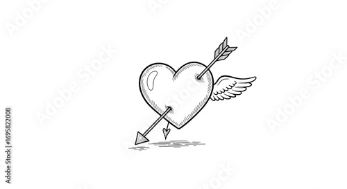 Hand drawn sketch of a heart pierced by an arrow with small wings attached romantic symbol of love and affection