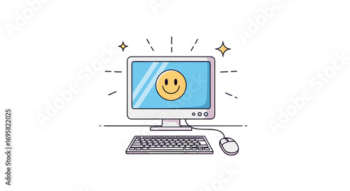 Retro personal computer displaying a cheerful smiley face symbol computer accessories and digital graphics