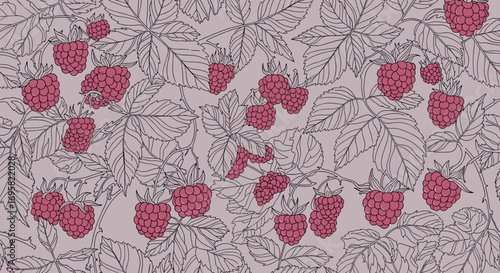 A delightful pattern of fresh red raspberries growing on a branch surrounded by detailed leafy greenery in a vintage style