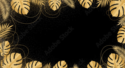 Elegant black background with golden tropical leaves and swirling glitter accents for celebrations and events