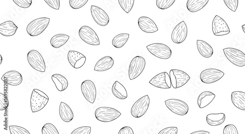 Delicious nutritious almonds scattered randomly across white background seamless pattern