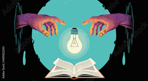 Creative sparks igniting new ideas from open books and guiding hands illustration