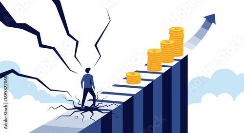Man stands on a broken path looking at financial growth with lightning strikes in the background symbolizing challenges