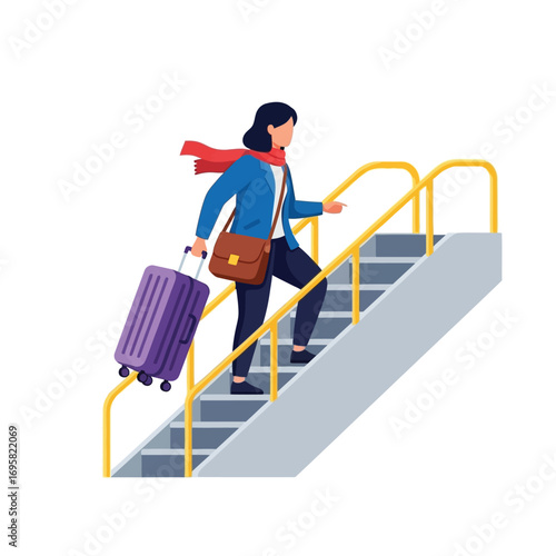 Woman Traveler Ascending Stairs with Luggage carrying shoulder theme journey