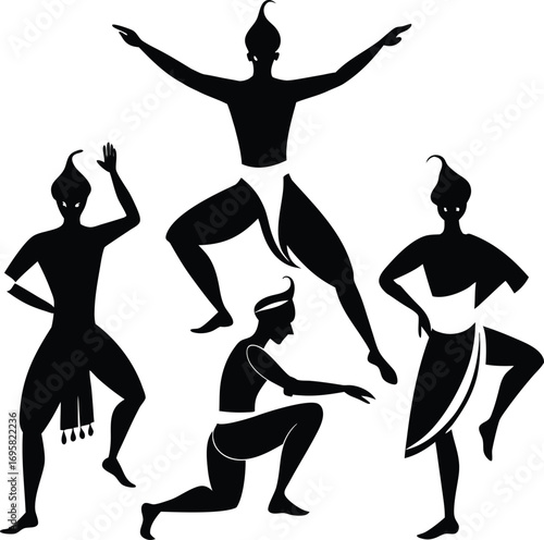 Silhouettes of Four Dancers in Traditional Indian Attire Performing Graceful Poses Keywords: silhouette