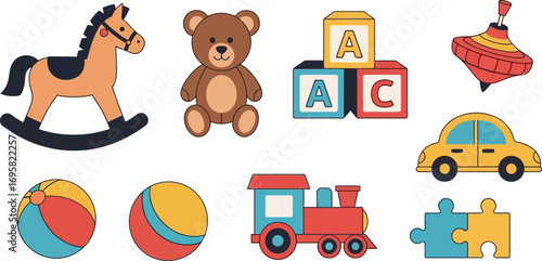 Collection of classic colorful children's toys for playtime fun