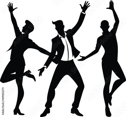Three Silhouettes Of Dancers In Dynamic Poses On White Background Keywords: silhouette, dancer, dancing