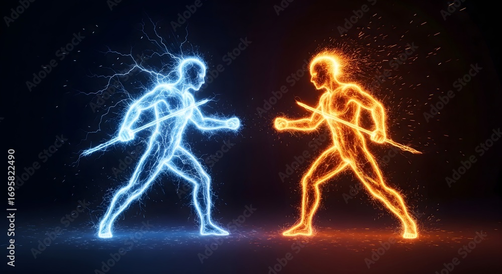 Fototapeta premium Futuristic Energy Battle Concept with Blue Electric Warrior and Fiery Orange Flame Fighter Facing Each Other in Combat Pose on Dark Background