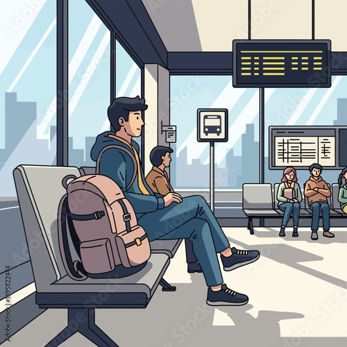 Young Traveler Waiting at a Modern Bus Station lifestyle theme