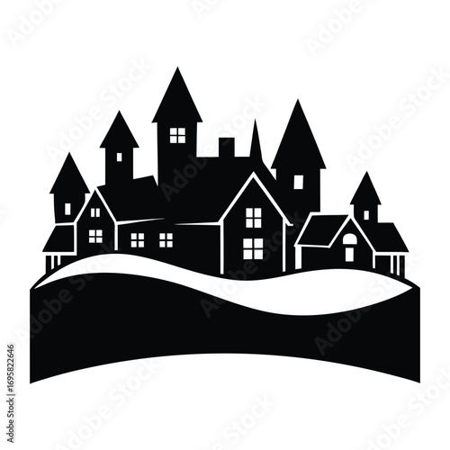 Whimsical winter village silhouette with snowy hills and charming houses festive scene
