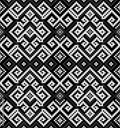 Black and White Pixel Ethnic Pattern. Seamless digital art with a geometric and tribal motif. Ideal for modern textiles, apparel and decor.
