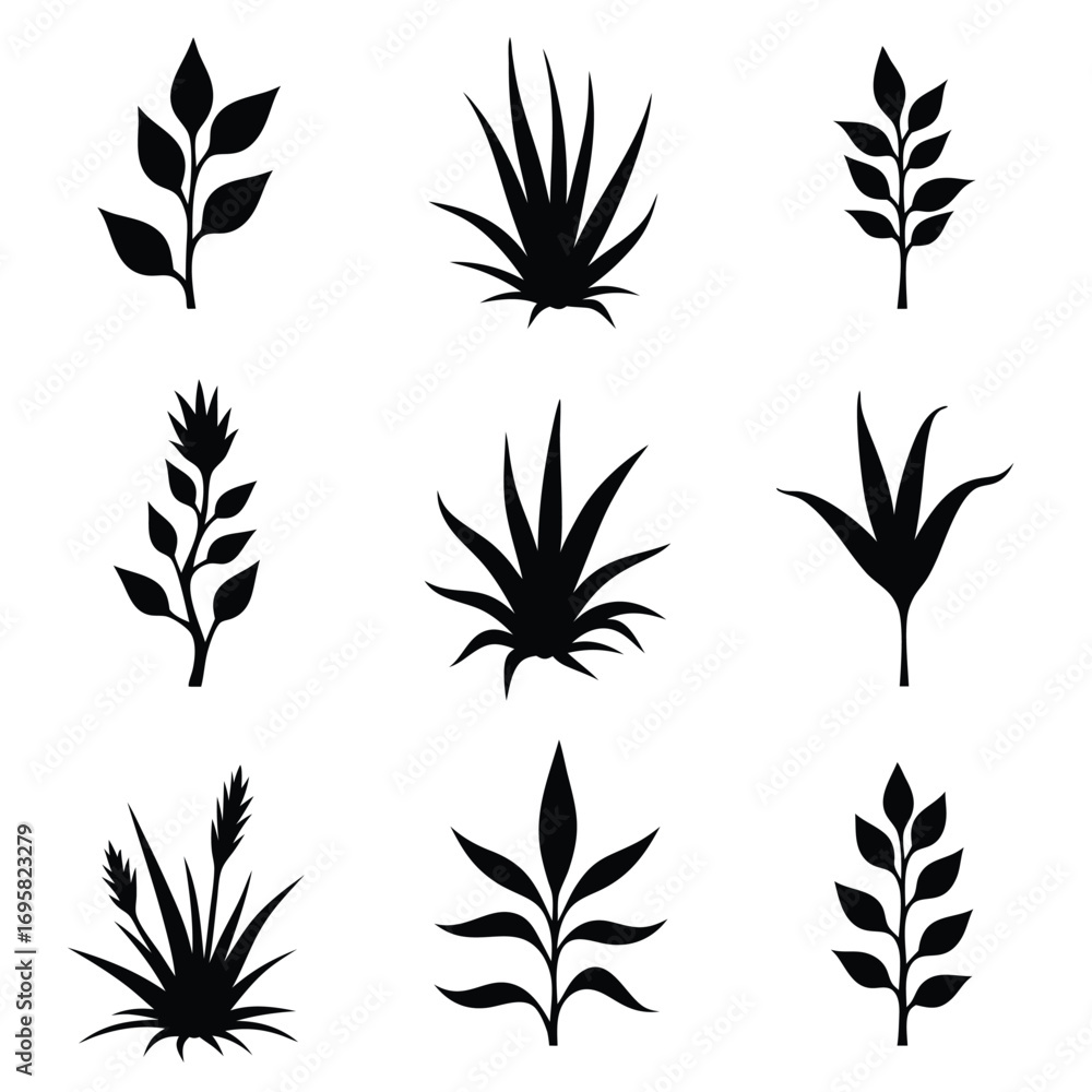 Naklejka premium Collection of nine black silhouettes of plants and leaves Keywords: plant, leaf, grass, bush
