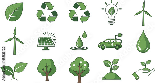 Collection of green eco-friendly icons representing sustainability and renewable energy.
