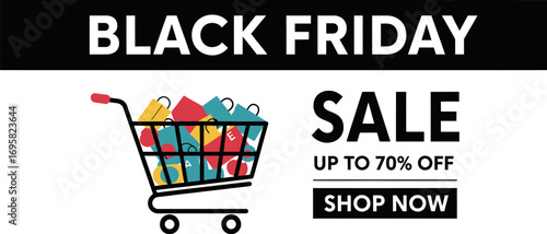 Black Friday sale with shopping cart full of colorful bags and discount offer