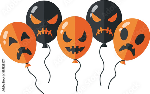 Spooky Halloween balloons with Jack-o'-lantern faces float together, creating a festive and eerie atmosphere.