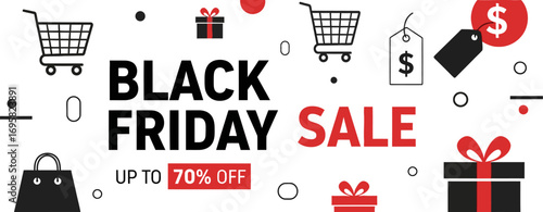 Exciting Black Friday sale offers up to 70% off with shopping cart and gift icons.
