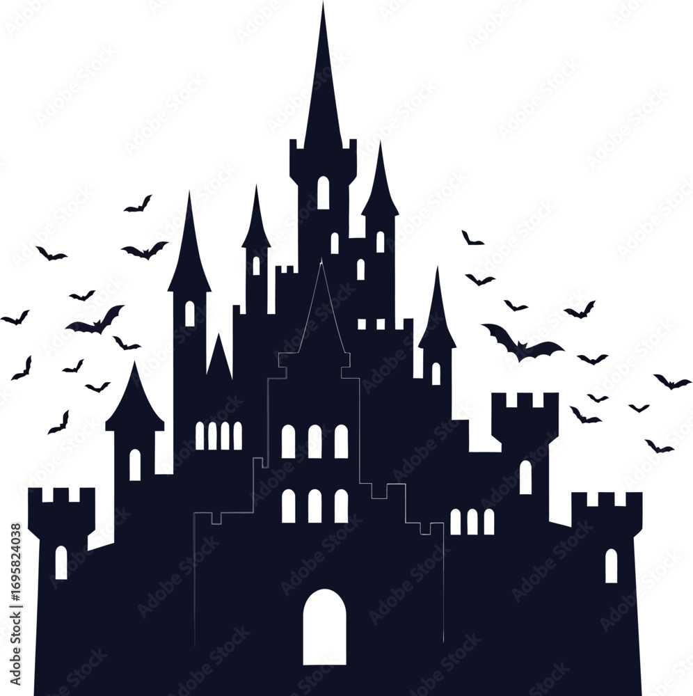 Fototapeta premium Mysterious dark castle silhouette against a bright sky with flying bats.