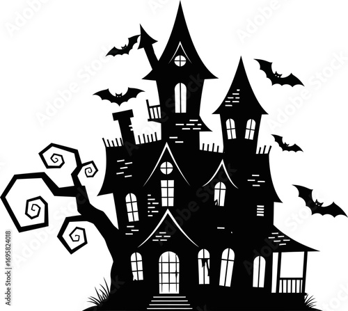 Spooky silhouette of a haunted mansion with bats flying around on Halloween night.