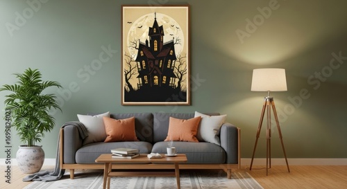 Spooky Halloween haunted house art print above sofa adds eerie charm to modern living room decor in olive green aesthetic