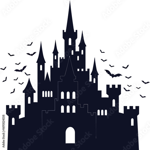 Mysterious dark castle silhouette against a bright sky with flying bats.