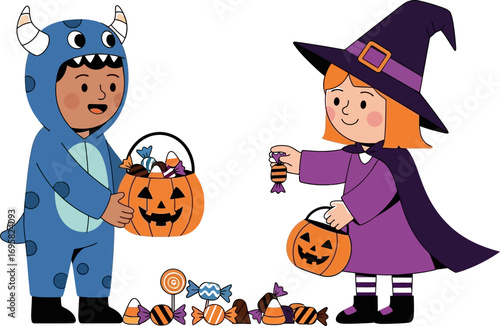 Two children in Halloween costumes happily collecting candy from trick-or-treating