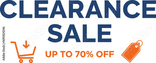 Exciting clearance sale with up to 70% off, featuring shopping cart and tag icons