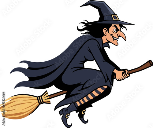 Wicked witch flying on broomstick with spooky grin and flowing cape
