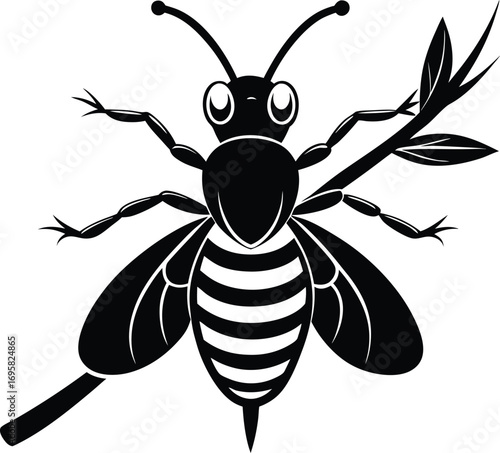 Black silhouette of a bee on a branch with leaves on white background insect