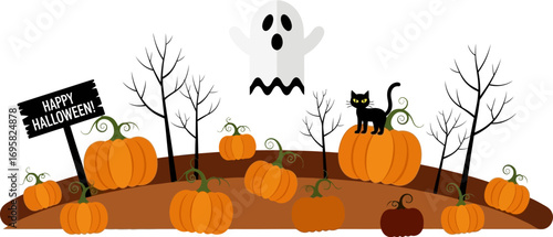 Spooky Halloween scene with pumpkins, a black cat, and a ghost under bare trees.