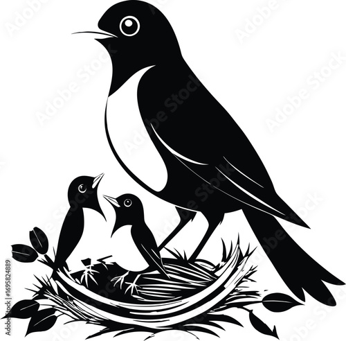 Black silhouette of a bird feeding its chicks in a nest on white background vector