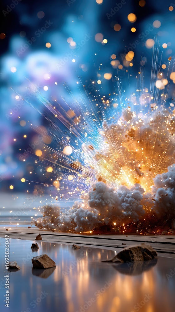 Fototapeta premium Powerful explosion creating shockwave and debris over water surface