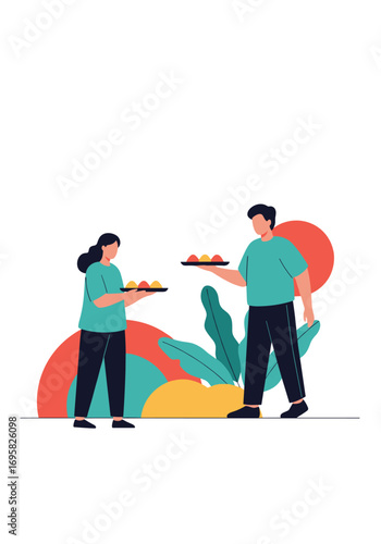 A man and woman serving food to people at a gathering or event with decorative elements in the background