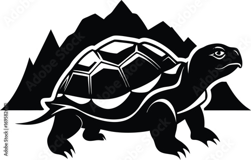Black silhouette of a tortoise walking in front of jagged mountains turtle reptile