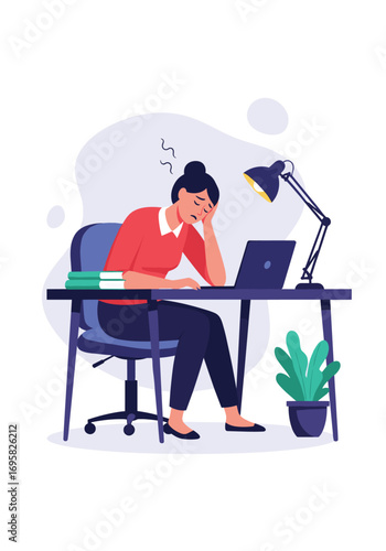 Young woman feeling tired and stressed while working late at her desk with a laptop and books