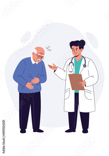 Elderly patient experiencing abdominal pain consulting with a concerned doctor about health concerns and treatment options