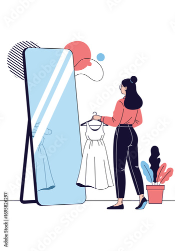Young woman choosing her outfit in front of a full length mirror reflecting her style ideas