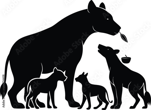 Bold Black Silhouette of a Hyena Mother with Three Pups and a Leaf Keywords: hyena, pups, family, animal