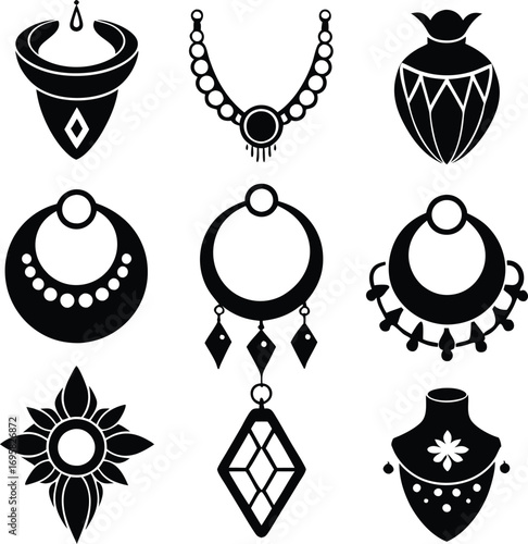 Collection of Black Silhouette Jewelry and Decorative Items Icons necklace pendant