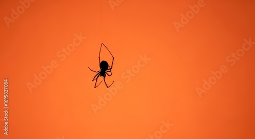 Spooky spider silhouette dangling against vibrant orange backdrop, perfect for Halloween promotions and seasonal event designs