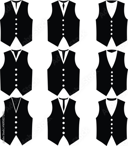 Collection of nine black silhouette waistcoats with button details vest formal wear