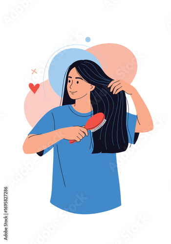 Young woman brushing her long dark hair with a red brush healthy hair care routine